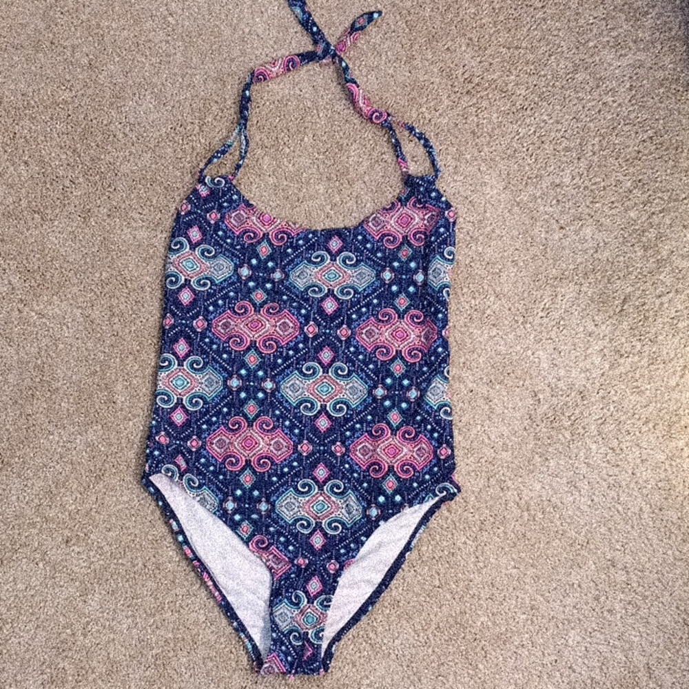 Colorful Patterned Halter Tie One-Piece Swimsuit